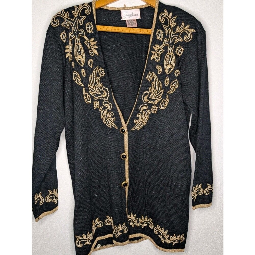 Jaclyn Smith Cardigan Sweater Womens Medium Black Gold Beaded Embroidered (000)
